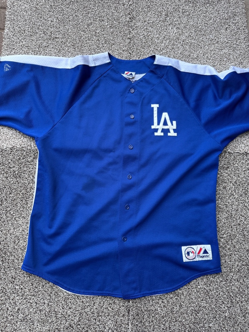 Y2K Majestic Royal Blue LA Baseball Jersey with White Logo (Read)